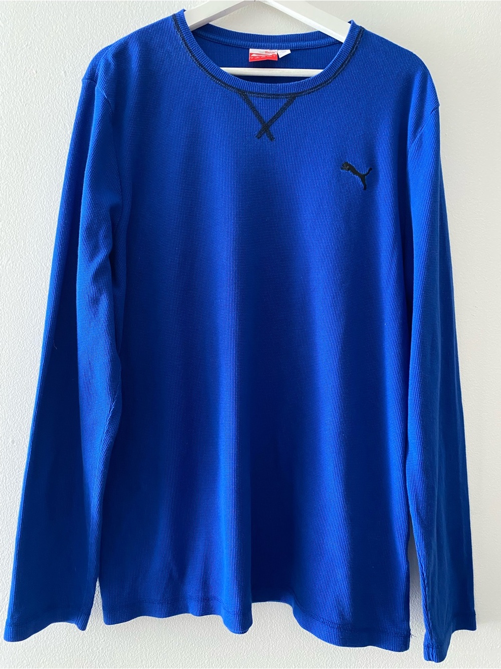 Puma Bright Blue Crewneck Waffle Long Sleeve Shirt with Black Stitching